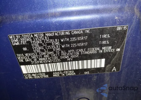 2015 Toyota Rav4 Le z USA, uszkodzony, nr VIN 2T3ZFREV5FW213335